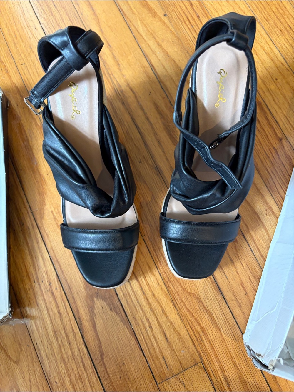 Qupid Black Twisted Strap Block Heel Sandals